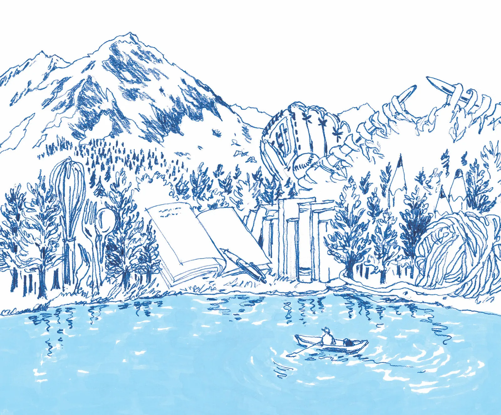 Illustration by Mariya Suzuki of a lake among mountains, trees and everyday objects